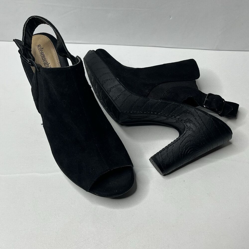 Solesenseability Black Faux Suede Open Toe Platform Heels Women’s Size 9 M